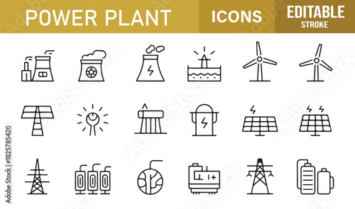 Vector Icon Set Depicting Energy Facilities Including Solar Arrays, Wind Turbines, Nuclear Reactors, Hydro Plants, and Electric Grids