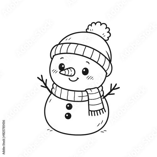 Cute cartoon snowman with hat and scarf, outline illustration for coloring