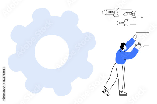 Cybersecurity concept. Cybersecurity illustrated with a gear, DDoS attack ation, and a person defending systems. Cybersecurity protecting data and online infrastructure for IT, business