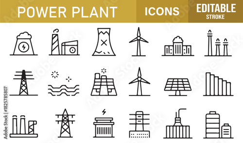 Modern Outline Power Plant Icon Pack Showing Renewable Energy Sources, Electricity Generation, Turbines, Panels, and Industrial Stations