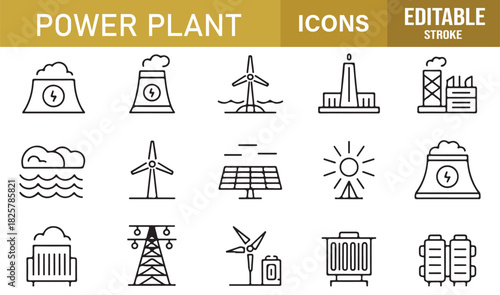 Minimal Line Icons of Power Plants Featuring Nuclear Towers, Wind Turbines, Solar Panels, Hydro Dams, Factories, and Energy Symbols