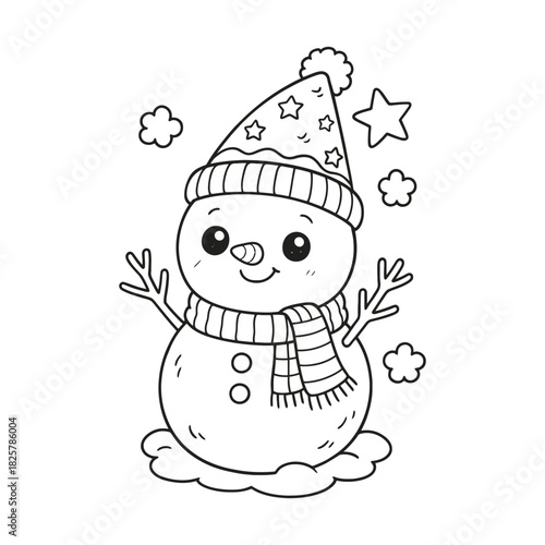 Cute snowman coloring page with hat and scarf, winter activity for kids