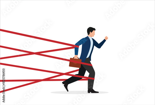 Business difficulty or struggle with career obstacle, limitation and trap or challenge to overcome to success concept, businessman tied up with red tape trying to run away with full effort.