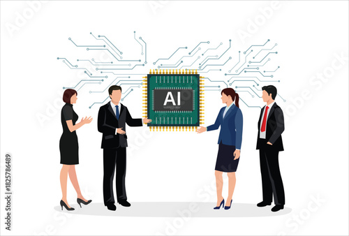 people work icon art design vector Depicting individuals collaborating around an artificial intelligence processor chip, symbolizing teamwork and futuristic technological advances