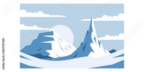 Frozen Mountain Flat Colored Illustration in Cold Scenic Winter Landscape Style