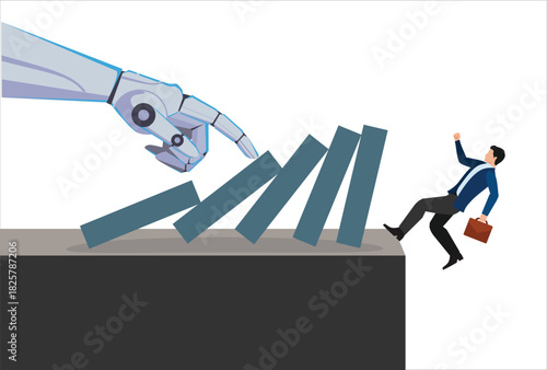 icon work concept vector template design element silhouette of businessman falling down from the cliff by domino effect from robot hand. Concept for crisis from business disruption