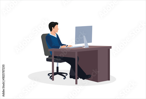 icon work art design vector element Business man entrepreneur in a suit working on a laptop computer at his clean and sleek office desk. Flat style color modern vector illustration.
