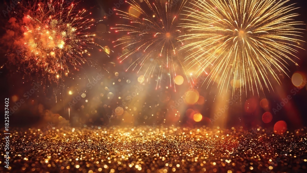 Fototapeta premium Sparkling Golden Fireworks Display with Festive Glittery Bokeh Background