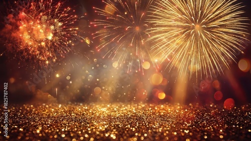 Sparkling Golden Fireworks Display with Festive Glittery Bokeh Background