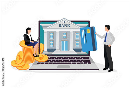 Online banking concept flat vector illustration template, Banking investment, Deposits, Loans, Exchanges, Money protection, Savings and finance, E-wallet, Digital banking