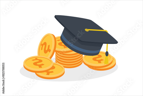 Education and money vector illustration, flat cartoon graduation hat and coins cash, concept of scholarship cost or loan, tuition or study fee, value of student knowledge, learning success