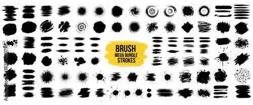 Mega bundle of different ink brush strokes:rectangle,square and round freehand drawings.Ink splatters,grungy painted lines,artistic design elements:waves,circles,triangles.Vector paintbrush set