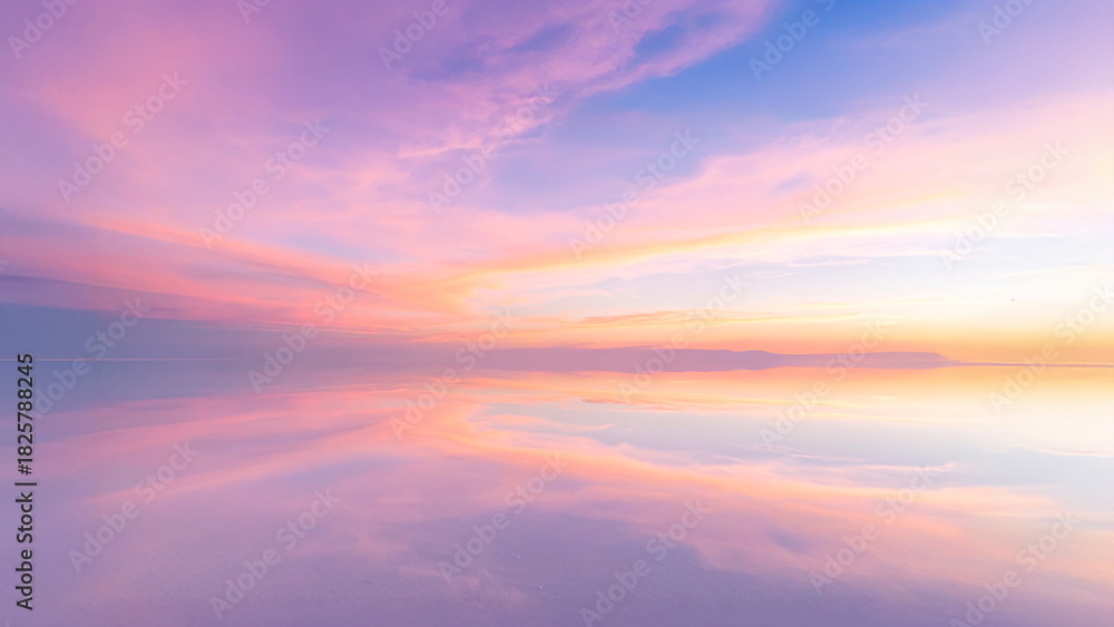 Obraz premium ウユニ塩湖のような鏡面反射の絶景 パステルピンクの夕焼け空の風景 マジックアワー