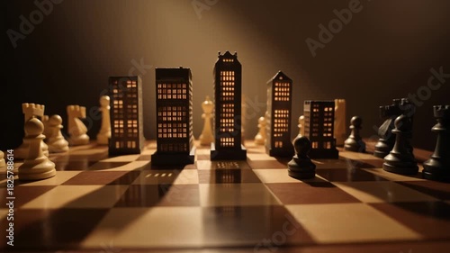 Wallpaper Mural A chessboard with miniature houses and buildings as pieces symbolizes strategic real estate investment and urban development in a dramatic low-key setting. Torontodigital.ca