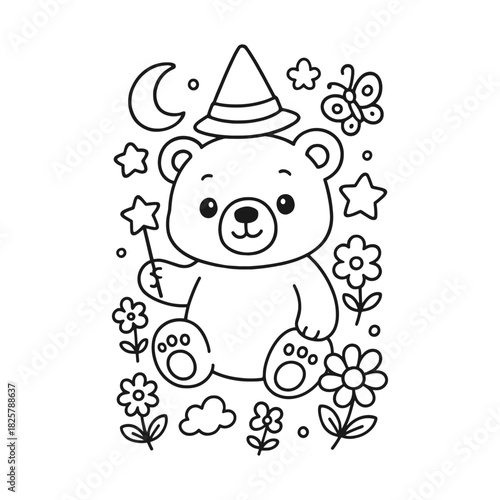 Cute bear cub with a magic hat and a wand, ready for coloring
