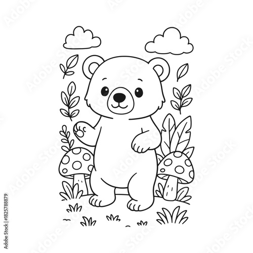 Cute sun bear standing in the forest with mushrooms and plants, coloring page