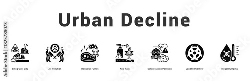 Urban Decline Modern and clean web banner illustration featuring thematic icons for visual communication