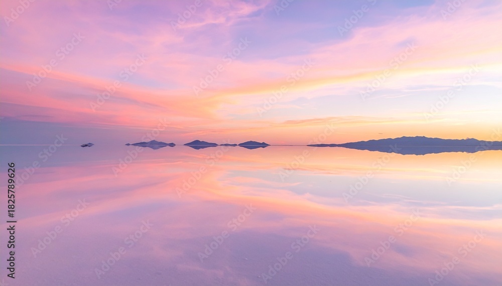 Obraz premium ウユニ塩湖のような鏡面反射の絶景 パステルピンクの夕焼け空の風景 マジックアワー