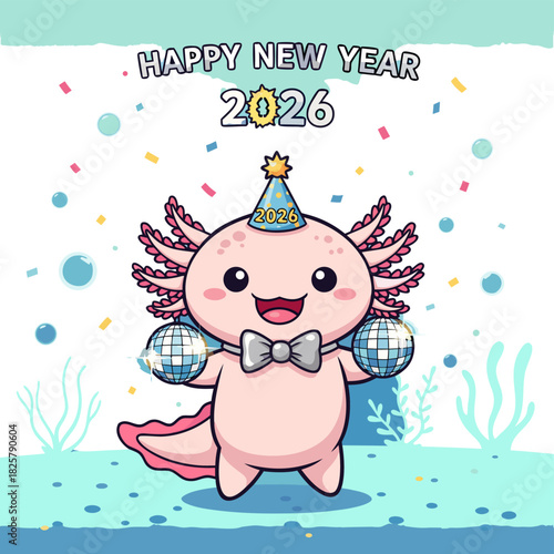 An adorable cartoon axolotl in a party hat and bow tie joyfully celebrates the New Year 2026 with disco balls underwater