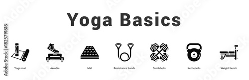 Yoga Basics Modern and clean web banner illustration featuring thematic icons for visual communication