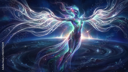 Luminous Cosmic Being Manifesting Spiritual Energy in Deep Space