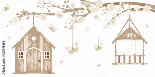 Watercolor birdhouses hanging from blossoming branches with butterflies illustration