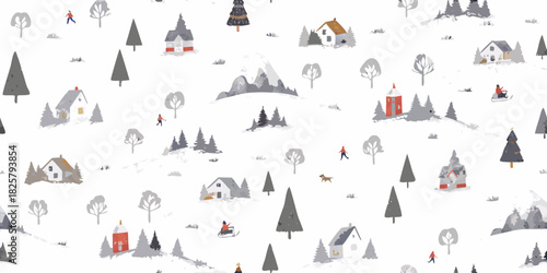 Winter landscape seamless pattern with houses trees and people