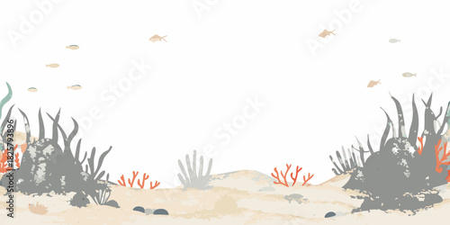 Undersea landscape with fish coral rocks and sand in soft pastel colors