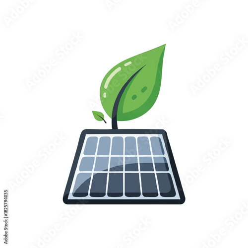 Graphic illustration of a green leaf growing out of a solar panel on a white background, symbolizing renewable energy and sustainability.