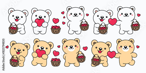 Cute Bear Characters With Hearts In Charming Valentine Style, Featuring Polar And Teddy Designs In A Simple Cartoon Doodle Look Presented As A Clean Modern Vector Illustration Set