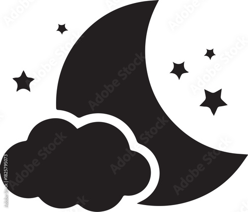 Black silhouette vector of crescent moon cloud and stars in minimal night sky design for sleep weather or astronomy themes