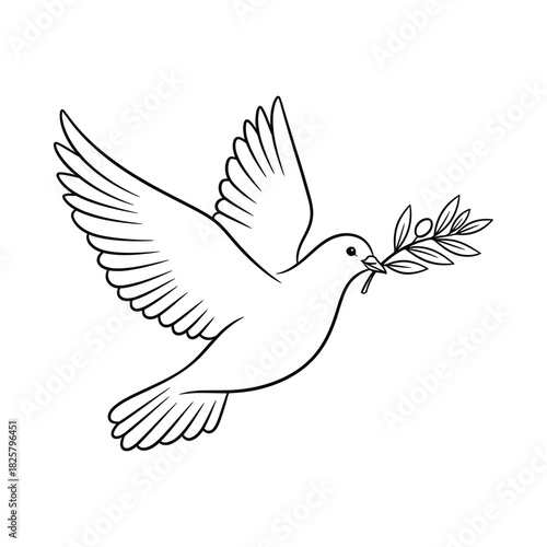 Dove with olive branch flying peacefully silhouette