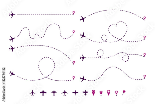 Dotted airplane trajectories cartoon illustration set
