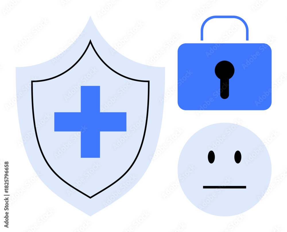 Obraz premium Shield with a cross, blue lock icon, and neutral face reflecting healthcare security, privacy, and protection. Ideal for data security, safety, medical care, trust confidentiality health records