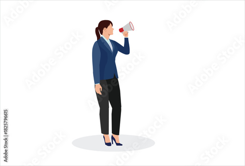 icon logo sign Businesswoman Holding Loudspeaker Announcing Message Vector Illustration. Public relation specialist speaking on a megaphone 