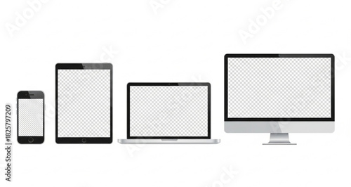 Device screen mockup. Smartphone, tablet, laptop and monoblock monitor, with blank screen for you design. Vector EPS10