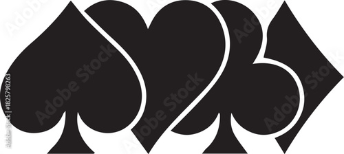 Black vector illustration of overlapping card suit symbols including spade heart club and diamond in minimal horizontal layout
