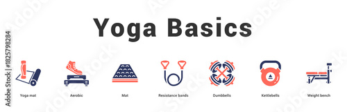 Yoga Basics Modern and clean web banner illustration featuring thematic icons for visual communication