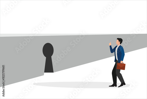 icon logo sign Business finding solution vector concept with businessman and keyhole in wall. Symbol of breakthrough, success, opportunity and challenge. 
