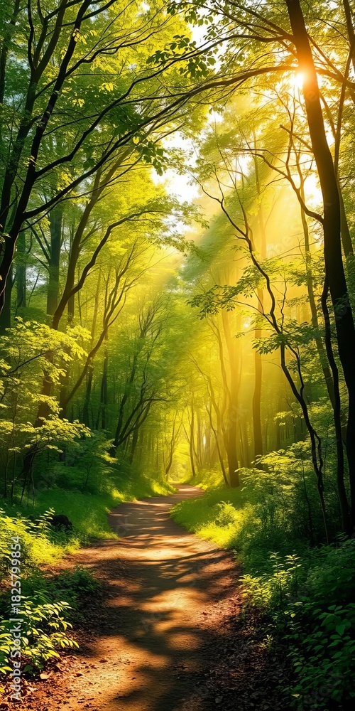 Naklejka premium Emerald canopy filters golden rays, casting ethereal light on a winding path through a lush, untouched forest , light, nature