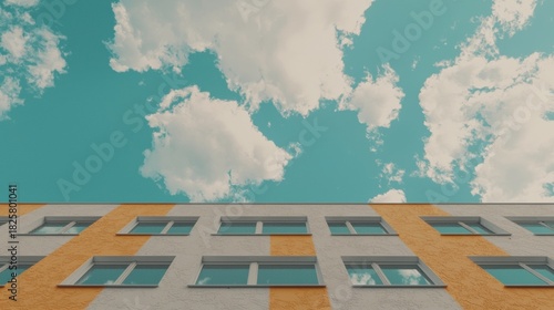 A building with a blue sky and white clouds in the background.