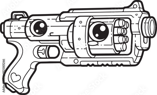 Whimsical cartoon ray gun with big googly eyes and a heart detail on the handle, Generative Ai