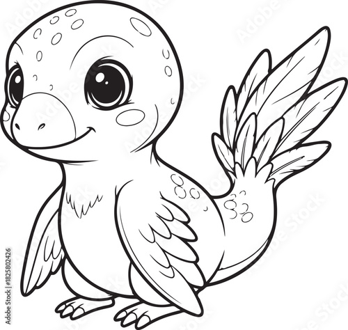 Adorable baby dinosaur coloring page featuring a cute cartoon raptor with big eyes and feathery tail, Generative Ai