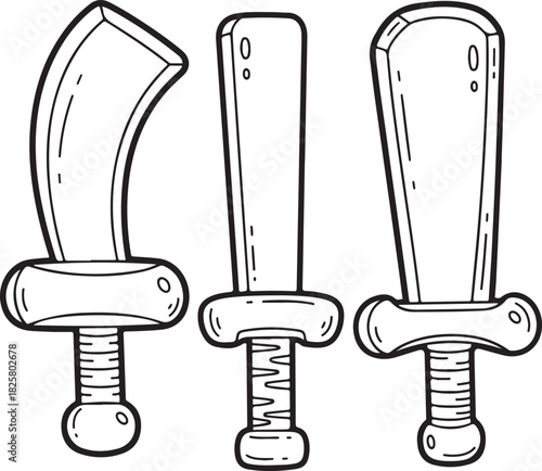 Three distinct hand drawn swords featuring curved blade straight blade and broad blade designs, Generative Ai