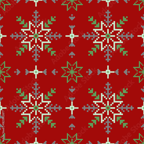 Christmas and New Year seamless pattern.  Snowflakes  red pixel pattern for winter hat,jumper,sweater, wrapping,fabric,border,rim,carpets, blankets, towels.