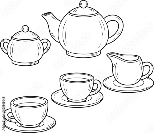 Hand drawn sketch of a classic tea set including a teapot sugar bowl creamer and two cups with saucers, Generative Ai