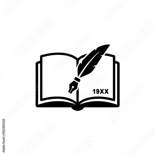 A simple black and white icon showing a quill pen or pencil resting on an open book, symbolizing knowledge, wisdom, lifelong learning, and the rich experience of seniors