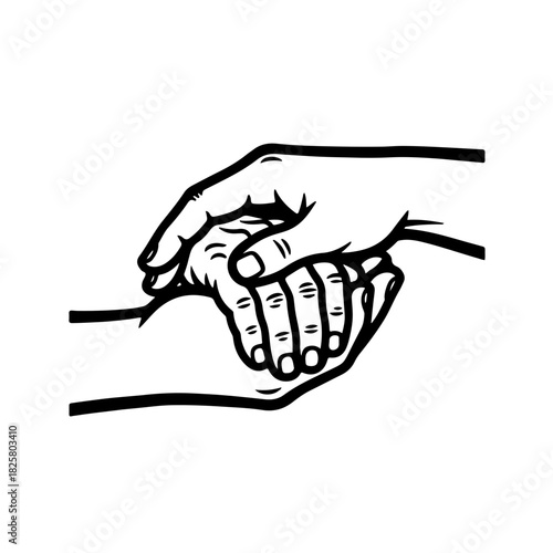 A striking black and white icon showing a younger hand gently embracing an older, wrinkled hand, symbolizing intergenerational solidarity, care, and family support for the elderly