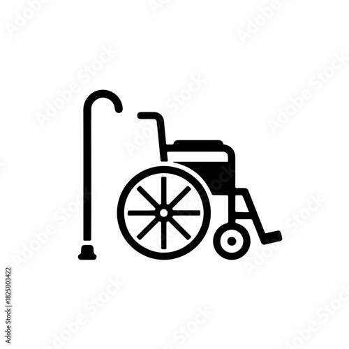 A minimalist black and white icon featuring a walking stick next to an unoccupied wheelchair, symbolizing mobility, independence, and the challenges of senior health and aging