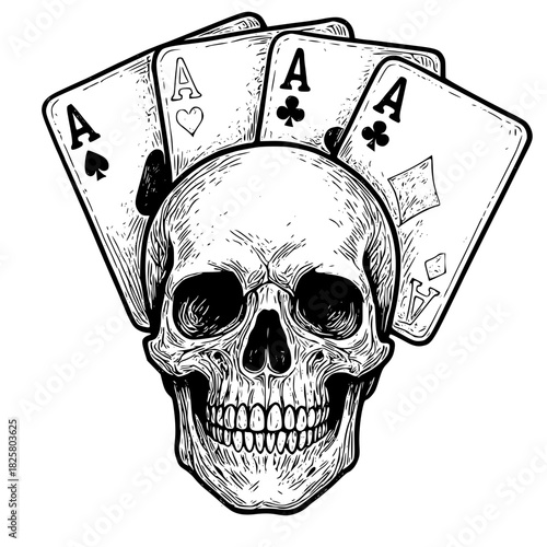 Human skull with four aces playing cards fanned out